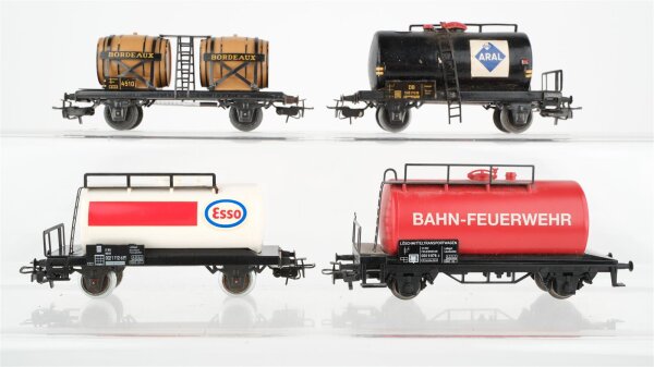 Märklin H0 Konvolut 3 Kesselwagen (Esso, Aral, Bahn-Feuerwehr), Weinfasswagen (Bordeaux) DB u.a. (Abnutzung, Kupplung fehlt)