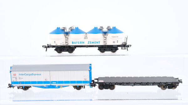 Fleischmann H0 Konvolut Silowagen (Bayern Zement), Flachwagen, geschlossener Güterwagen (InterCargoExpress) DB