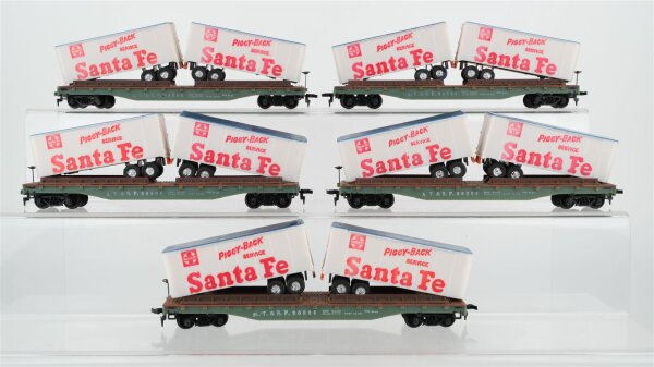 Tyco H0 5 Konvolut Tiefladewagen 4 achsig (mit 10 Sattelzugauflieger Santa Fe) A.T. & S.F.