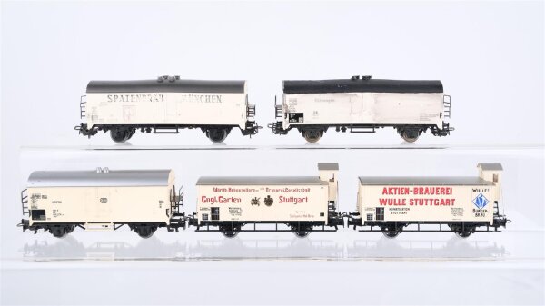 Märklin H0 Konvolut 3 Kühlwagen, 2 Kühlwagen mit Bremserhaus, 2 achsig DB/ u. a. (teilweise gealtert)