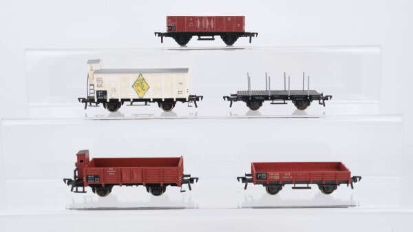Fleischmann H0 Konvolut Niederbordwagen, Rungenwagen, Hochbordwagen mit Bremserhaus, Hochbordwagen, gedeckter Güterwagen mit Bremserhaus DB