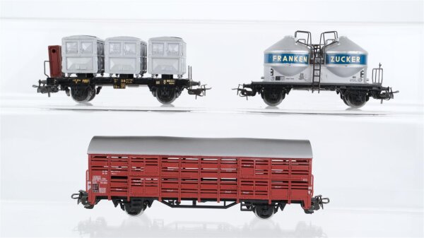 Märklin H0 Konvolut Silowagen "Franken Zucker", Viehtransportwagen, Behältertragwagen mit Bremserhaus "Von Haus zu Haus" DB