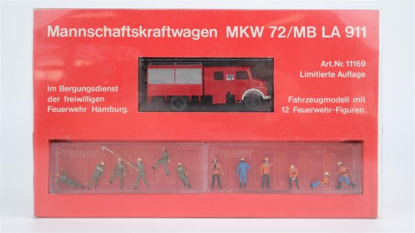 Preiser H0 11169 MKW 72/MB LA 911 Mannschaftskraftwagen mit Feuerwehr-Figuren