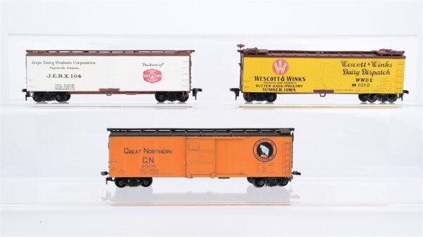 Unbekannt H0 Konvolut US Kühlwagen "Wescott & Winks", "Milk Fed", gedeckter Güterwagen, 4-achsig GN u. a.