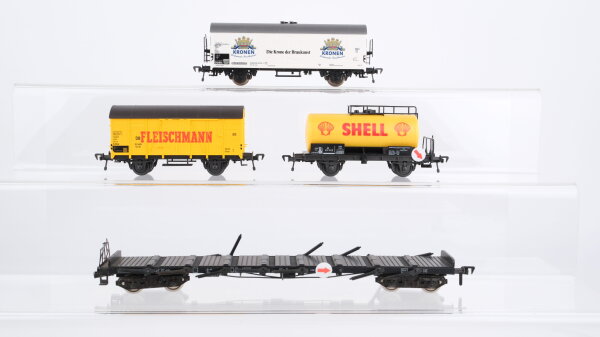 Fleischmann H0 Konvolut Bierwagen "Kronen" gedeckter Güterwagen "Fleischmann" Kesselwagen "Shell" Schwerlastrungenwagen DB (Abbrüche)