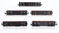 Märklin H0 Konvolut 2 Niederbordwagen 2-achsig, 2 Niederbordwagen 4-achsig, Niederbordwagen mit Ladung "Holzbretter" DB