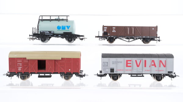 Unbekannt H0 Konvolut Kesselwagen "ÖMV", Kühlwagen "Evian", gedeckter Güterwagen, Hochbordwagen ÖBB/SNCF/N.S.B. (Kupplung fehlt)