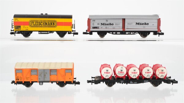 Fleischmann N Konvolut Behältertragwagen "EKU", Schiebewandwagen "Miele", gedeckter Güterwagen "Fleischmann" u.a. DB