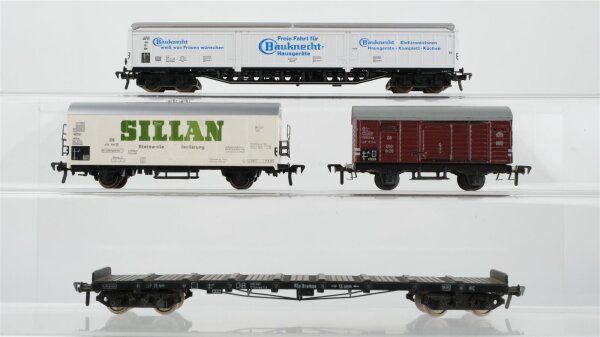 Fleischmann H0 Konvolut Kühlwagen "Sillan", Schiebedachwagen "Bauknecht" 4-achsig, gedeckter Güterwagen, Flachwagen 4-achsig DB