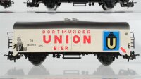 Märklin H0 3 Gedeckte Güterwagen braun, Bierwagen "Dortmunder Union" DB/FS (Abbruch)