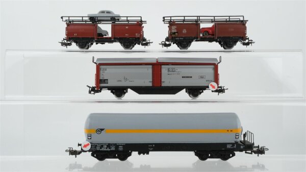 Märklin H0 2 Autotransportwagen (teilw. beladen) Seitenwandschiebewagen, Druckgaskesselwagen "VTG" DB (Abbrüche)