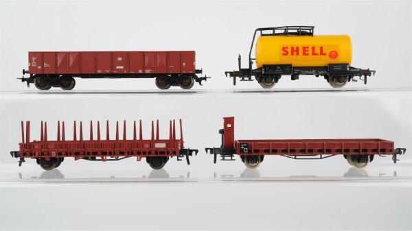Fleischmann H0 Konvolut Hochbordwagen, Rungenwagen, Niederbordwagen mit Bremserhaus, Kesselwagen "Shell" DB/u.a.