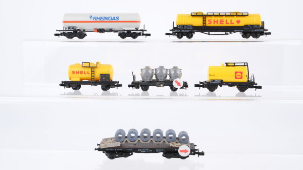 Arnold N Konvolut 4 Kesselwagen "Rheingas, Shell" Schwerlastwagen "Stahlrollen" Behältertragewagen mit 3 Silo DB (Abbruch)