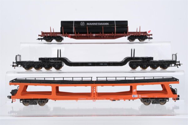 Fleischmann H0 Konvolut Autotransportwagen Tiefladewagen Rungenwagen mit Rohrladugn "Mannesmann" DB u.a. (Abbrüche)