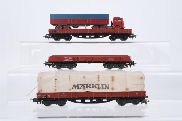 Märklin H0 Konvolut Niederbordwagen teilbeladen mit Plandach/LKW DB