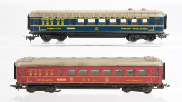 Märklin H0 Konvolut Speisewagen "346/2 DSG" rot beleuchtet, Speisewagen "346/2J" blau Blech (ungetestet)