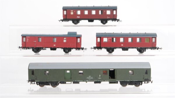 Schicht Postwagen, 2 Personenwagen rot, Packwagen rot DB/NS