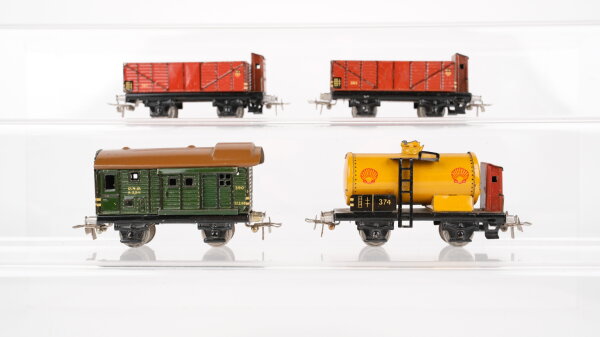 Märklin H0 Konvolut 2 Hochbordwagen "365" mit Bremserhaus, Kesselwagen "374 Shell" mit Bremserhaus, Güterzugbegleitwagen "390" Blech