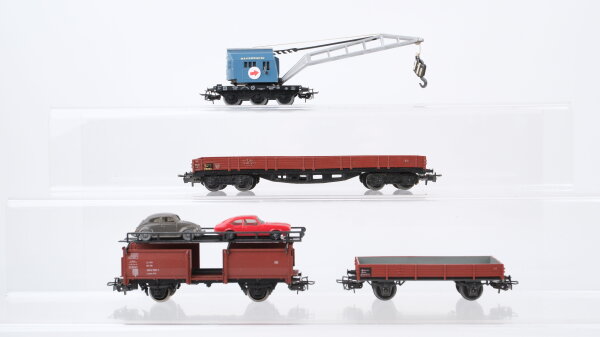 Märklin H0 Konvolut Autotransportwagen mit 2 PKW, Niederbordwagen, Kranwagen und Kranschutzwagen DB (Abbruch)