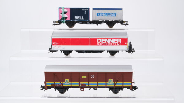 Märklin H0 Konvolut Containertragewagen "BELL, Hapag/Lloyd",Postwagen, gedeckter Güterwagen "DENNER" DB/SJ/SBB-CFF
