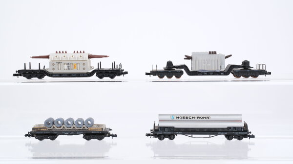 Arnold u.a. N Konvolut Tiefladewagen mit Trafo "BBC Siemens" Schwerlastwagen mit Ladung "Hoesch-Rohr Thyssenstahl" DB