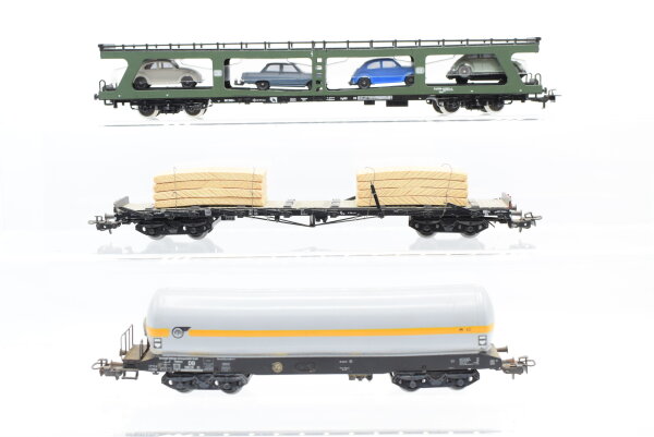 Märklin H0 Konvolut Kesselwagen "VTG" Autotransportwagen teilbeladen Rungenwagen mit Holz DB (Kupplung fehlt)