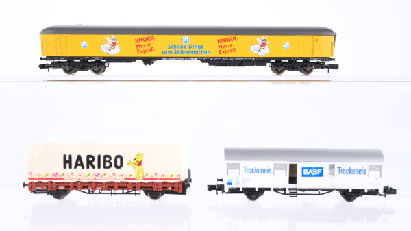 Arnold N Konvolut gedeckter Güterwagen "Knorr" Kühlwagen "BASF" Niederbordwagen mit Plane "Haribo" DB