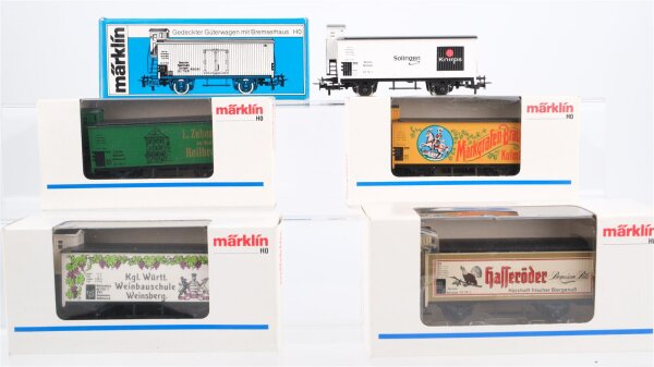 Märklin H0 Konvolut 5 Kühlewagen mit Bremserhaus "Knirps, Zehender Heilbronn, Markgrafen Bräu, Hasseröder, Weinbauschule Weinsberg" DR/u.a.