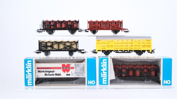 Märklin H0 Konvolut 4 Säurefasswagen, Containertragewagen "Würth", Viehtransportwagen