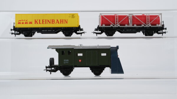 Klein Modellbahn H0 Konvolut Schneeschleuderwagen Containertragwagen Tankcontainer "Kleinbahn" SBB
