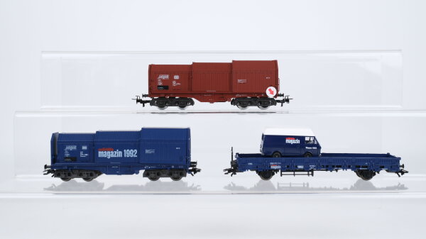 Märklin H0 Konvolut Teleskophaubenwagen "märklin magazin 1992" Flachwagen mit Lieferwagen "märklin magazin 1993" Teleskophaubenwagen DB (Abbruch)