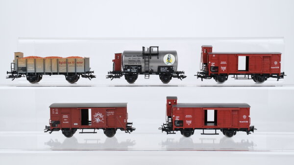 Märklin H0 Konvolut Flachdachwagen mit Bremserhaus Flachdachwagen "SOMSO" Kesselwagen "Brauerei Stadtkeller" Hochbordwagen mit Bremserhaus "Egidius Dorst" DR