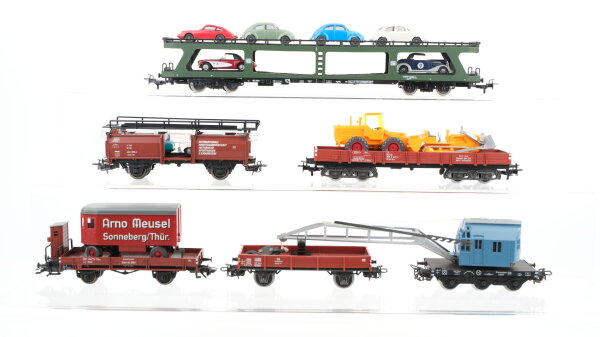 Märklin H0 Konvolut Kran. und Kranschutzwage Autotransportwagen Niederbordwagen "Baufahrzeugen, Anhänger Arno Meusel" DB/DR