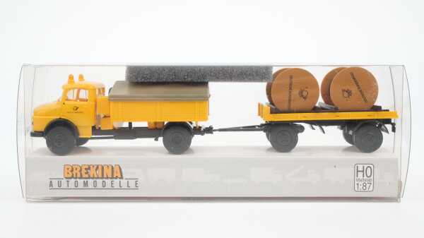 Brekina H0 018549 MB L322 mit Anhänger und Kabeltrommeln "DBP" gelb