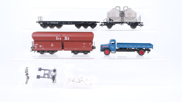 Märklin H0 Konvolut Silowagen Selbstentladewagen "Erz IIId" Schwerlastflachwagen mit LKW DB