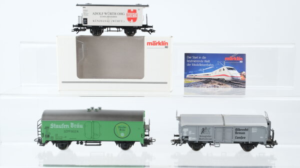 Märklin H0 Konvolut Kühlwagen "Staufen Bräu" Klappdeckelwagen "Albrecht Braun" gedeckter Güterwagen "Würth" DB/u.a.
