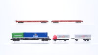 Fleischmann N Konvolut Rollende Landstraße teilbeladen "Schwan Stabilo" Rungenwagen mit Containern "P&O Evergreen" DB (Kupplungen fehlen)
