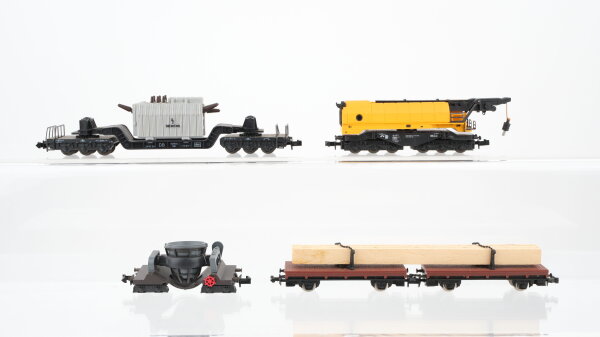 Lima u.a. N Konvolut Kranwagen Tiefladewagen mit Trafo "Siemens" Schlackewagen Langholzwagen DB u.a. (Kurbel fehlt)