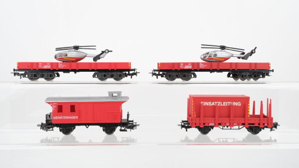 Märklin H0 Konvolut "Feuerwehr" Niederbordwagen mit Hubschrauber Rungenwagen mit Container "Einsatzleitung" Gerätewagen DB