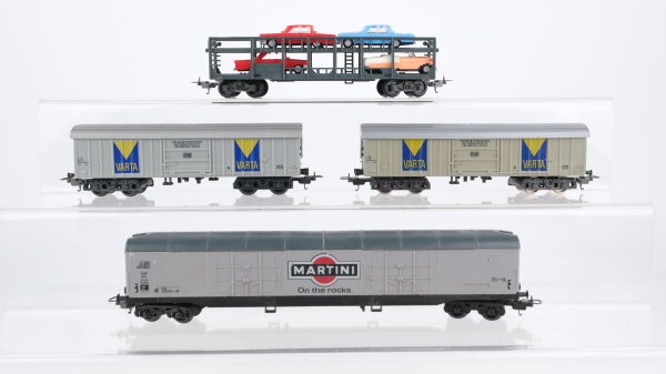 Lima H0 Konvolut  Kühlwagen "Martini On the rocks" Schwenkdachwagen "Varta" Autotransporter mit 4 Oldtimer DB/FS