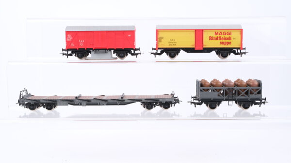 Klein Modellbahn H0 Konvolut Schienenreinigungswagen Schiebewandwagen "Maggi" Säuretopfwagen Rungenwagen ÖBB