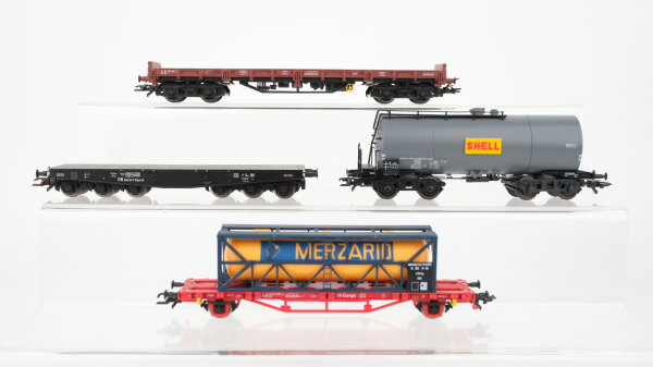 Piko u.a. H0 Konvolut Containertragwagen mit Tankcontainer "Merzarid" Kesselwagen "Shell" Schwerlastwagen Niederbordwagen DB
