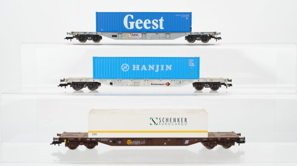 Fleischmann H0 Konvolut Schwerlastcontainerwagen (Kombiwagen) mit Ladung "Schenker, Hanjun, Geest" DB/ÖBB/SBB-FFS