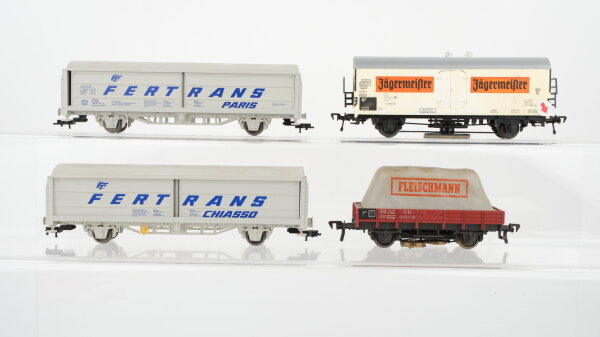 Fleischmann H0 Konvolut Seitenwandschiebewagen "Fertrans" Schienenreinigungswagen "Jägermeister" Schienenreinigungswagen mit Plane DB (Abbrüche)