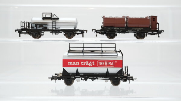 Unbekannt H0 Konvolut Silowagen "Man trägt Trevira" Kesselwagen Behältertragewagen mit Bremserhaus DB/u.a.