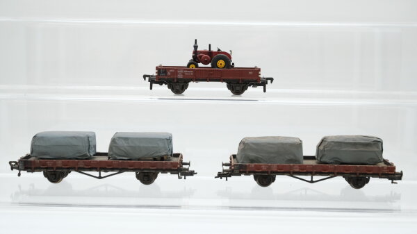 Roco H0 Konvolut Niederbordwagen mit Ladung "Transporter unter Plane, Lanz" DB