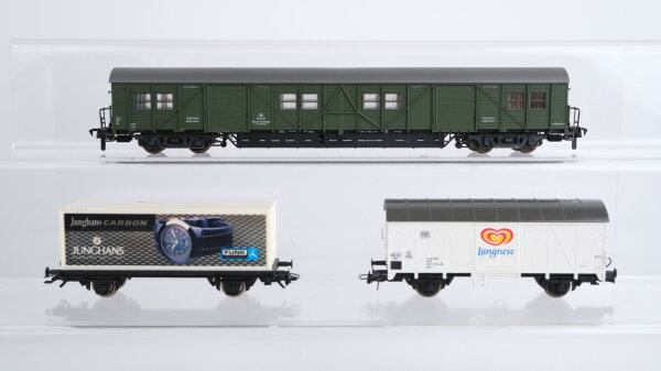 Roco H0 Konvolut Containertragewagen "Junghans" gedeckter Güterwagen "Langnese" Hilfszug-Gerätewagen DB