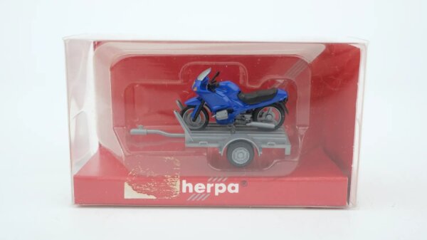 Herpa H0 051224 Autoanhänger mit Motorrad, blau