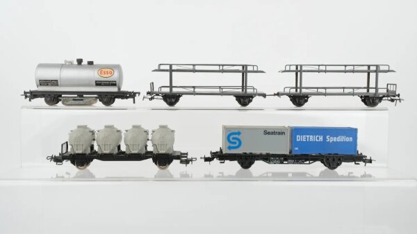 Unbekannt H0 Konvolut Containertragewagen Seatrain Dietrich Kesselwagen Esso mit Schienenreiiger Behältertragewagen Autotransportwagen DB/u.a. (Abbruch)
