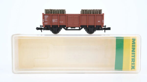 Minitrix N 51326500 Hochbordwagen, Ladung: Grubenholz E 035 DB